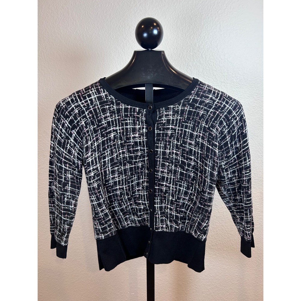 White House Black Market Black White Grid Cardigan Sweater Womens Medium M